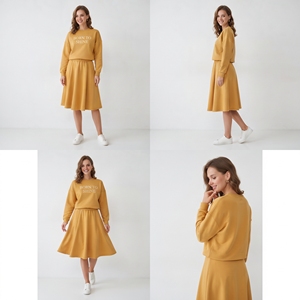 Women's Fleece Knee Length <b>Skirts</b> Set Casual 100% Cotton Mid Elastic Waist Printed Sweatshirt Long Sleeve Crew Neck <b>Skirts</b> Set - Product Image 6