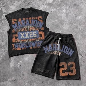 Streetwear Custom Dtg Printing Raw Hem <b>Distressed</b> Graphic Acid Wash Sleeveless T Shirt and Sweat Shorts Set tank <b>Top</b> Men - Product Image 4