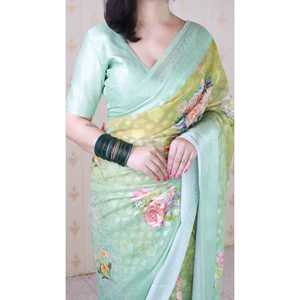 Elite Weaves Pista Soft Georgette Floral Printed Zari Woven Saree <b>Indian</b> & <b>Pakistani</b> <b>Clothing</b> 450g - Product Image 5