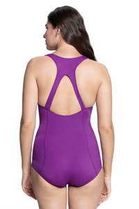 <b>Square</b> <b>Neck</b> Padded One-Piece Swimsuit Brazilian Bottom <b>Tank</b> <b>Top</b>-Woven Fabric Print Design Tummy Control Grape Glow Lace Trim - Product Image 2