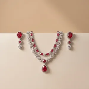 Parure de collier style rubis rouge en laiton, inspirée Kundan Polki, bijoux de mariée pour femmes pour mariage et fête - Product Image 1