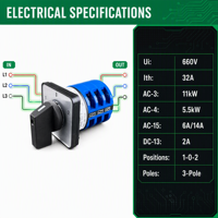 WNZJ W26 32A 3P Interrupteur de commutation manuel encastré en plastique bleu et noir 230-440V