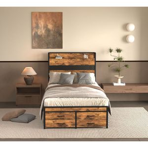 Struttura letto singolo in metallo nero con testiera e cassetti contenitore, piattaforma letto singolo - Product Image 3