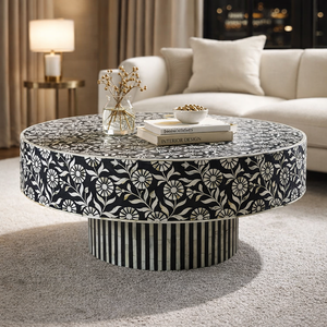 <b>Round</b> Coffee <b>Table</b> Decorative Wooden Accent Center <b>Table</b> Black and <b>White</b> Floral Inlay Living Room Furniture - Product Image 1