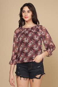Haut en mousseline à volants épaules dénudées, imprimé tropical, manches courtes, coupe ample, décontracté, respirant, pour femme, été - Product Image 3