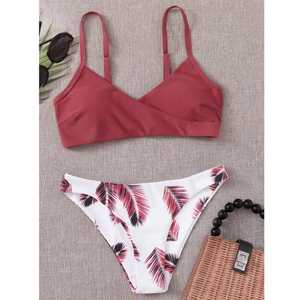Women's <b>Bikini</b> <b>Set</b> Crossed Halter Top <b>White</b> Palm Print Cheeky Bottom Spandex Polyester Stretch Swimwear - Product Image 5