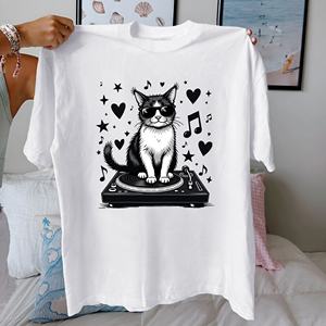 T-shirt décontracté en coton 100% pour femme, imprimé lunettes de soleil Cool Cat, coupe confortable - Product Image 4