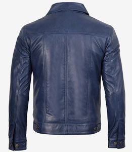 Veste en cuir véritable de mouton bleu, style trucker, avec une couleur bleu vif et des boutons classiques argentés. - Product Image 3