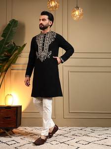 Ensemble Kurta Pyjama en Soie Brodé pour Homme, Tunique Noire avec Broderie Filée, Coupe Slim, Tenue Ethnique pour Mariage et Fêtes, Vente en Gros - Product Image 2