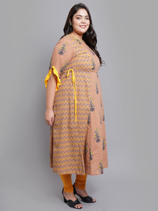 Multi Floral <b>Printed</b> Cotton A LINE Kurti With Boat Neck And Three Quarter Sleeves For Plus Size Women's Fashion - Product Image 2