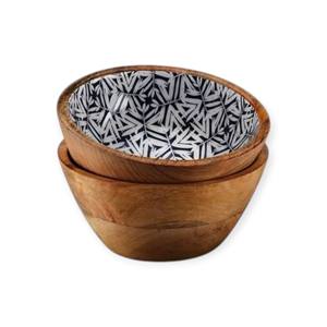 <b>Wooden</b> Serving Bowl with Navy <b>Triangle</b> Enamel Pattern for Bold Modern Dining and Graphic Table Styling Edge - Product Image 6