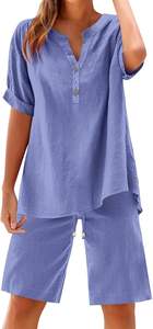 Ensemble de pyjama en coton tricoté pour femmes, 1 pièce, haut à manches longues, pantalon court, vêtements de nuit doux et confortables, tenue de maison - Product Image 3