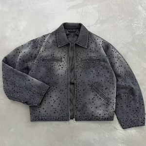 Veste en jean noire matelassée en toile pour homme, style streetwear, coupe ample, zippée, légère, séchage rapide, respirante, avec logo frontal - Product Image 3