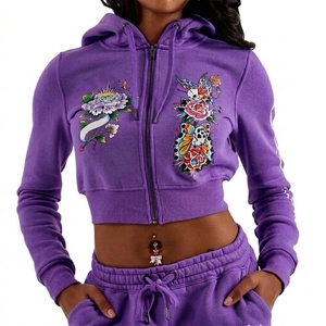 High Quality Custom <b>White</b> Sparkle Diamonds Zip Up Hoodie <b>Cropped</b> 100% Cotton Drop Shoulder Boxy Fit Hoodies Streetwear - Product Image 2