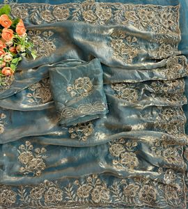 Designer Fandy <b>Satin</b> <b>Saree</b> With C Pallu Beads Embroidery Work With Sequence And Cut Work Border Paired With Fandy <b>Satin</b> Blouse - Product Image 6