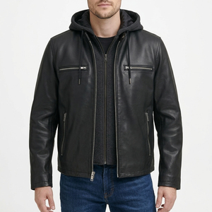 Chaqueta de Cuero para Hombre con Capucha, Cuello Camisero, Cierre de Cremallera, Estilo Motero, Color Sólido, Manga Regular, para Otoño - Product Image 1