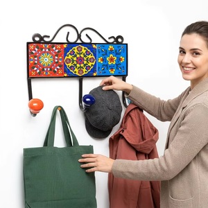 Vintage <b>Wall</b> Mounted Multifunction Hook Rack with 3 Colorful Ceramic Tile <b>Panels</b> and Floral Pattern for Home Decor - Product Image 3