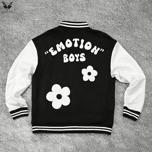 New Design Flower Patch Varsity Jacket Black White Men Streetwear Floral Embroidery Letterman Jacket Custom Baseball Team Wear - Product Image 6
