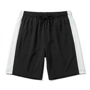 Shorts de sport noirs avec bandes latérales blanches, design sportif, respirants, taille élastique, pour l'entraînement, la course et la gym - Product Image 1