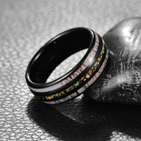 Cincin Tungsten Karbida Hitam dengan Inlay Tekstur Opal dan Tanduk Rusa, Cincin Kawin Bentuk Kubah 8mm, Perhiasan Outdoor Grosir