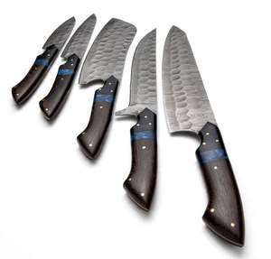 Ensemble de couteaux de cuisine en acier à motifs faits à la main, 5 pièces, manche en bois d'ébène et résine bleue, ensemble de couverts professionnels pour la cuisine - Product Image 2