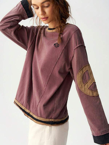 Vintage Washed Oversized Women's Sweatshirt Custom Elbow Patch Applique Contrast Layered Hem Hoodies Custom Logo Bulk Order - Product Image 2