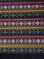 Tissu en velours de style folklorique, base noire brodée avec des motifs géométriques linéaires, pour la confection de costumes traditionnels et de dupattas.