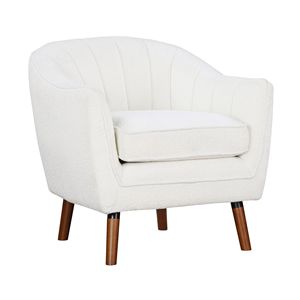Poltrona Moderna Mid-Century in Tessuto Chenille Bianco con Schienale Trapuntato a Canale, Gambe in Legno Marrone, Arredamento in Legno Massello per Soggiorno - Product Image 4