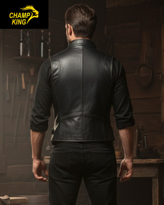 Veste en cuir noir Champ King pour homme avec col montant et fermeture éclair - Product Image 5