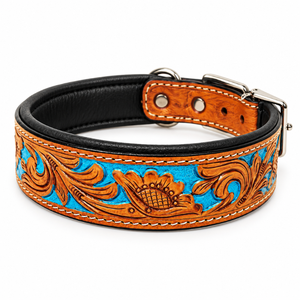 Collar de Cuero Turquesa Hecho a Mano para Perro, Acolchado, Estilo Western, con Grabados Florales |   Arnés Canino Ajustable de Alta Resistencia con Hebilla - Product Image 1
