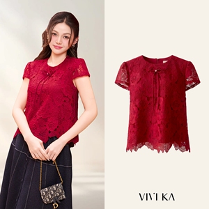 Women's Red Floral Lace Blouse <b>Cap</b> <b>Sleeve</b> O-Neck Bow Detail Elegant <b>Top</b> Spring Summer Casual Wear 100% Polyester VELA - Product Image 1