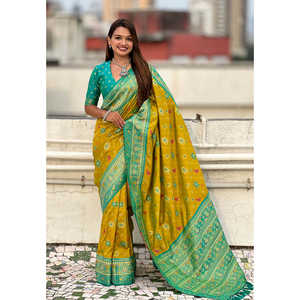 Sari Mehendi Verde de Seda Suave con Bordado Zari, Tejido Patola Leheriya con Tejidos en Contraste para Vestido de Noche - Product Image 5