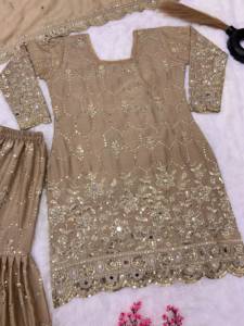 Elegant Beige Silk Sharara Set With Heavy Embroidery And Dupatta For Women Wedding Wear Traditional Indian Pakistani Style - Product Image 4