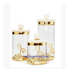 Floral Design Glass & Brass Gold Canister With Marble Lid Best Quality Kitchenware Tabletop Serving <b>Sweet</b> <b>Box</b> Canister - Product Image 3