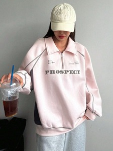 Nouveaux Sweat-shirts amples en coton brodés à demi-zip pour femmes, à manches longues, pour l'hiver, mode, vente en gros, personnalisables OEM - Product Image 6