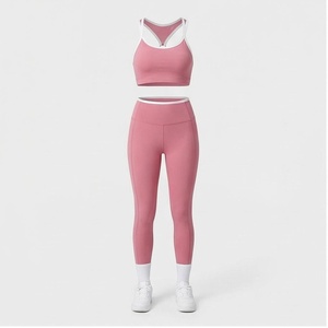 <b>Pink</b> 2 Piece Yoga Set Racerback <b>Crop</b> <b>Top</b> High Waist Full Length Leggings Seamless Sportswear Women's Activewear - Product Image 1