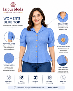 Jaipur Moda Anaya I Blusa de Mujer de Algodón Premium Tejido con Volantes, Color Azul Claro, con Botones y Mangas Abullonadas, Estilo Dulce, Casual, para Oficina - Product Image 6