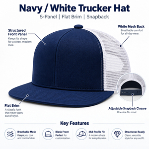 Casquette Trucker personnalisée bleu marine et blanc en maille, à visière plate, structurée, 6 panneaux, broderie promotionnelle, casquette snapback - Product Image 6