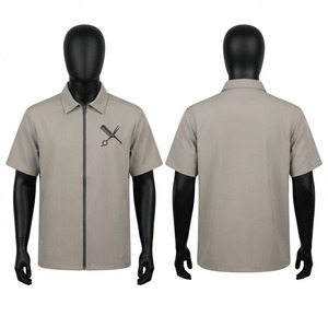 Veste de barbier unisexe en tissu polyester et élasthanne de qualité supérieure, 180 GSM, respirante, taupe, manches courtes, fermeture éclair sur le devant, col, logo personnalisé - Product Image 1