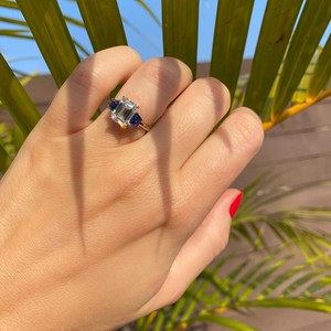 2CT Emerald Cut & Blue Trapeze Moissanite Gemstone Three Stone Ring 925 Silver With Yellow Plated <b>Surprise</b> Gift For Partner - Product Image 3