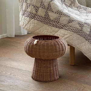 Round Low Profile Rattan Stool Basket Handwoven Wicker <b>Side</b> <b>Table</b> Decorative Storage Basket <b>Rustic</b> Minimalist Natural Home - Product Image 3