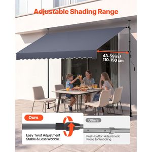 Auvent de terrasse rétractable manuel, hauteur réglable 118 pouces, abri pare-soleil pour porte et fenêtre extérieures, projection maximale 5 m - Product Image 4