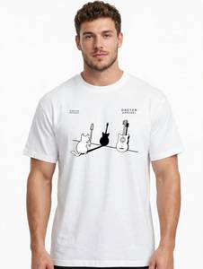 ONETEN APPAREL เสื้อยืดแขนสั้นผู้ชายสีขาว O-Neck Casual Guitar Cat Print Top - Product Image 6