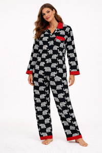 ชุดนอนผ้าเครปพรีเมียมลายช้าง เสื้อแขนยาว กางเกงขายาว ชุดนอนผู้หญิง ขอบสีแดง ชุดนอนดิจิตอล - Product Image 2