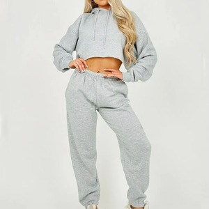 Women Black Cotton Tracksuit Set Hooded <b>Crop</b> Top Wide Leg Pants Casual Loose Fit Autumn Wear Solid Color Full Sleeve - Product Image 4