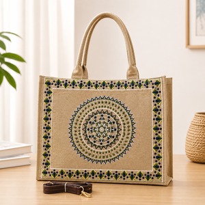 Boho Embroidered Jute Tote Bag Geometric Mandala Pattern Cotton Lining Shoulder Handbag Detachable <b>Strap</b> for Daily Travel - Product Image 1