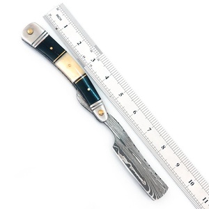 Navaja de Bolsillo Plegable de Acero de Damasco Premium, Mango de Micarta y Hueso, Funda de Cuero, Cuchillos de Supervivencia y Caza, A&M Enterprises - Product Image 1