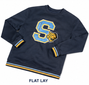 Sudadera de cuello redondo para mujer de Southern University con logo de la letra S bordado, ribete azul y dorado, corte regular, 100% algodón. - Product Image 3
