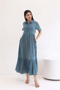 Vestido Camisero Maxi de Lino y Algodón Azul con Dobladillo con Volantes, Cuello Polo, Manga Corta, Corte Holgado, Informal, para Uso Diario de Verano - Product Image 3