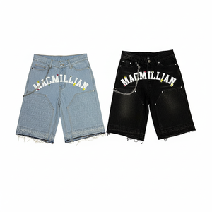 Loose Fit Denim Streetwear <b>Shorts</b> <b>Men's</b> Heavyweight Customized Colors & Logo Front <b>Patches</b> Distressed Raw Hem High Quality - Product Image 3